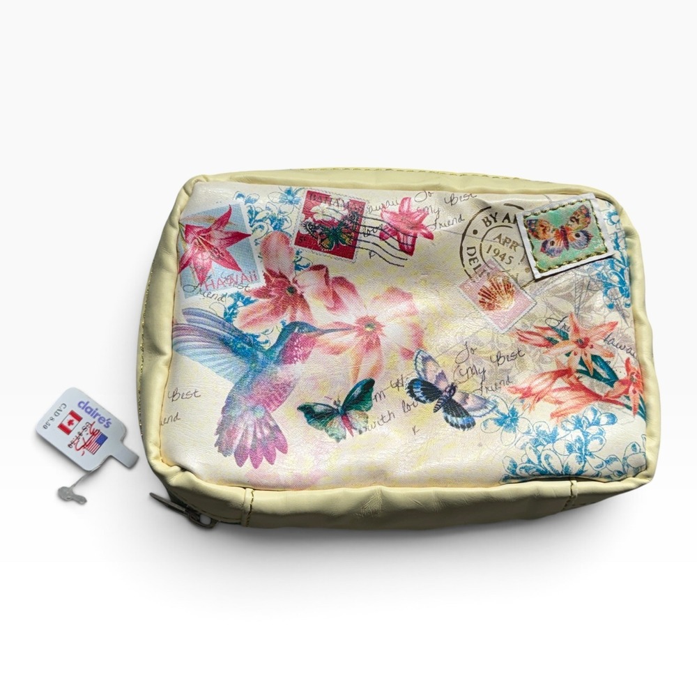Claire's Vintage Postcard Hummingbird Butterfly Floral Cosmetic Bag Cream New
